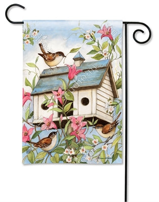 spring birdhouse w/clematis garden flag sd-31632