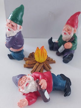 drunken miniature gnomes         dmg131-4 1) dmg13-1   laying down-sitting-peeing gnomes with campfire