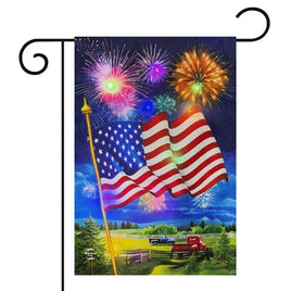 American Flag Fireworks Burlap LED Garden Flag   GF8-8645