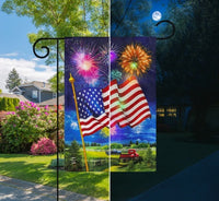 American Flag Fireworks Burlap LED Garden Flag   GF8-8645