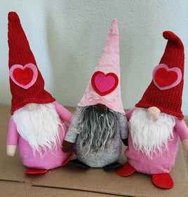 Two Pink/Red Heart Gnomes & 1 Gray/ Pink Heart Gnome