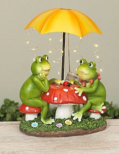 Frogs at Mushroom Table with Solar Lighted Umbrella   GR203780