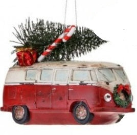 retro vehicle w/trees holiday ornaments   rg0758620 3) rg0758620-b   red & white mini bus