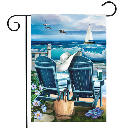 seaside beach with sail boat - sea birds and a cool drink garden flag